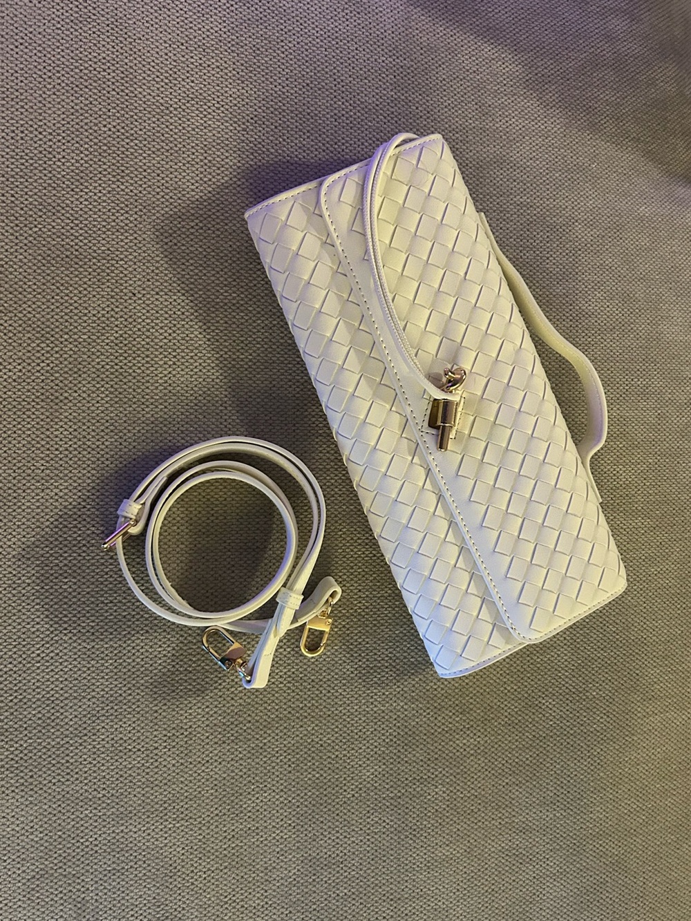 White Woven Leather Top-Handle Bag with Gold Accent